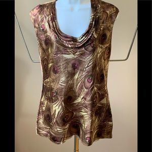 Anne Klein sz S silk peacock feather print top